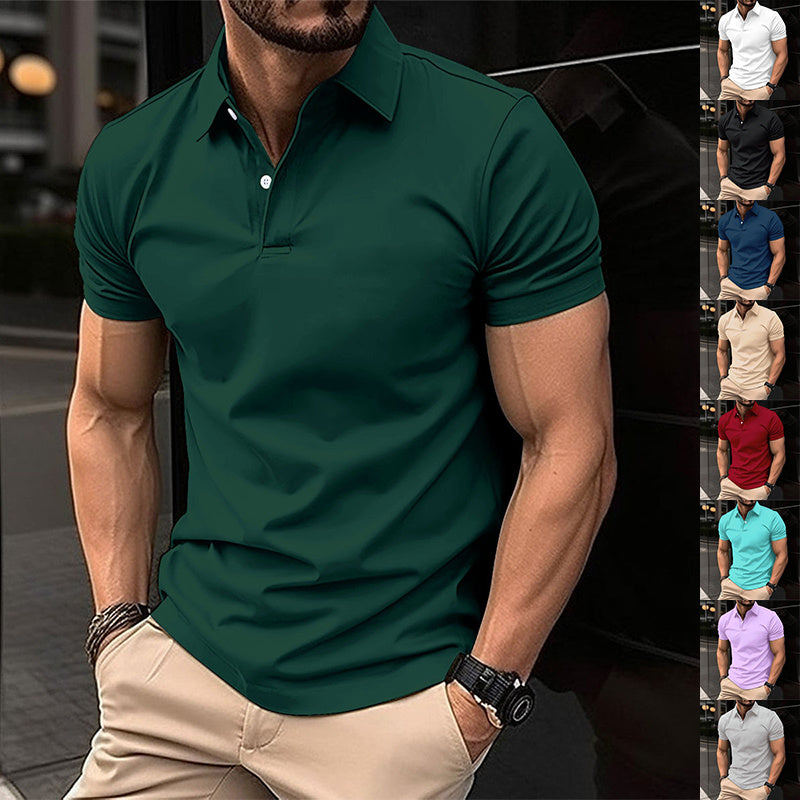 Summer Short Sleeve Polo Shirt Men Solid Color Button Lapel Button Top 