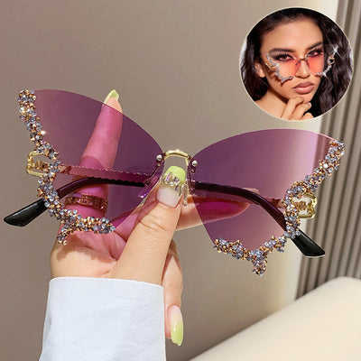 Luxury Diamond Butterfly Sunglasses Women Brand Y2K Vintage Rimless Oversized Sun Glasses Ladies Eyewear Shades 