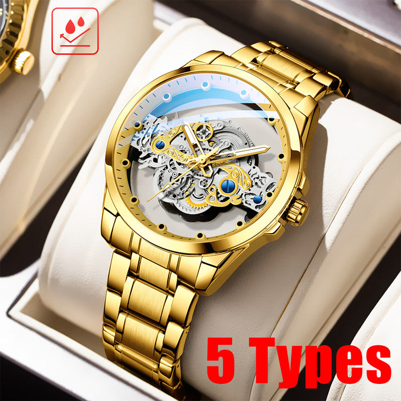 Luxury Men's Automatic Quartz Stainless Steel Watch Business Hollow Skeleton 