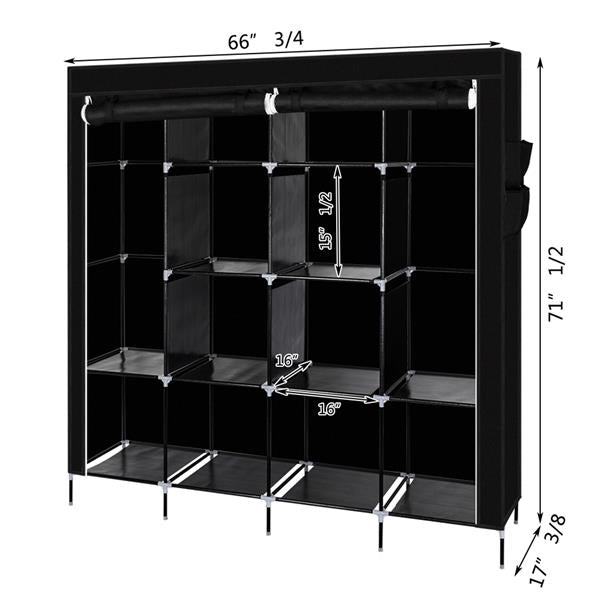 67" Clothes Closet Portable Wardrobe Clothes Storage Rack 12 Shelves 4 Side Pockets Black 