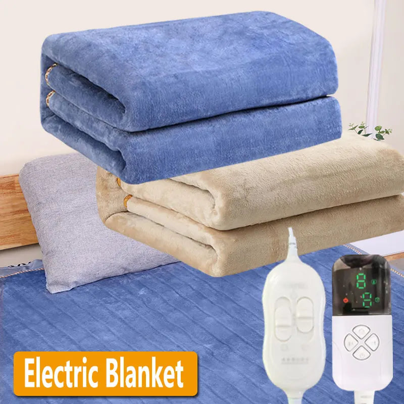 A stack of folded Jstoremart blue and beige electric heating blankets rests on a bed. In the foreground, two remote controls with digital displays await, perfect for precise temperature adjustment. The text "Jstoremart Electric Blanket" is displayed on the bottom left.