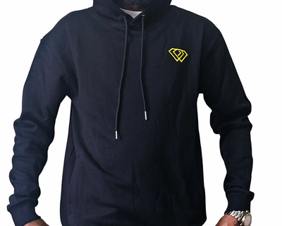 Black hoodie with a yellow logo on a white background