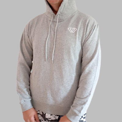 Gray hoodie with a logo on a white background