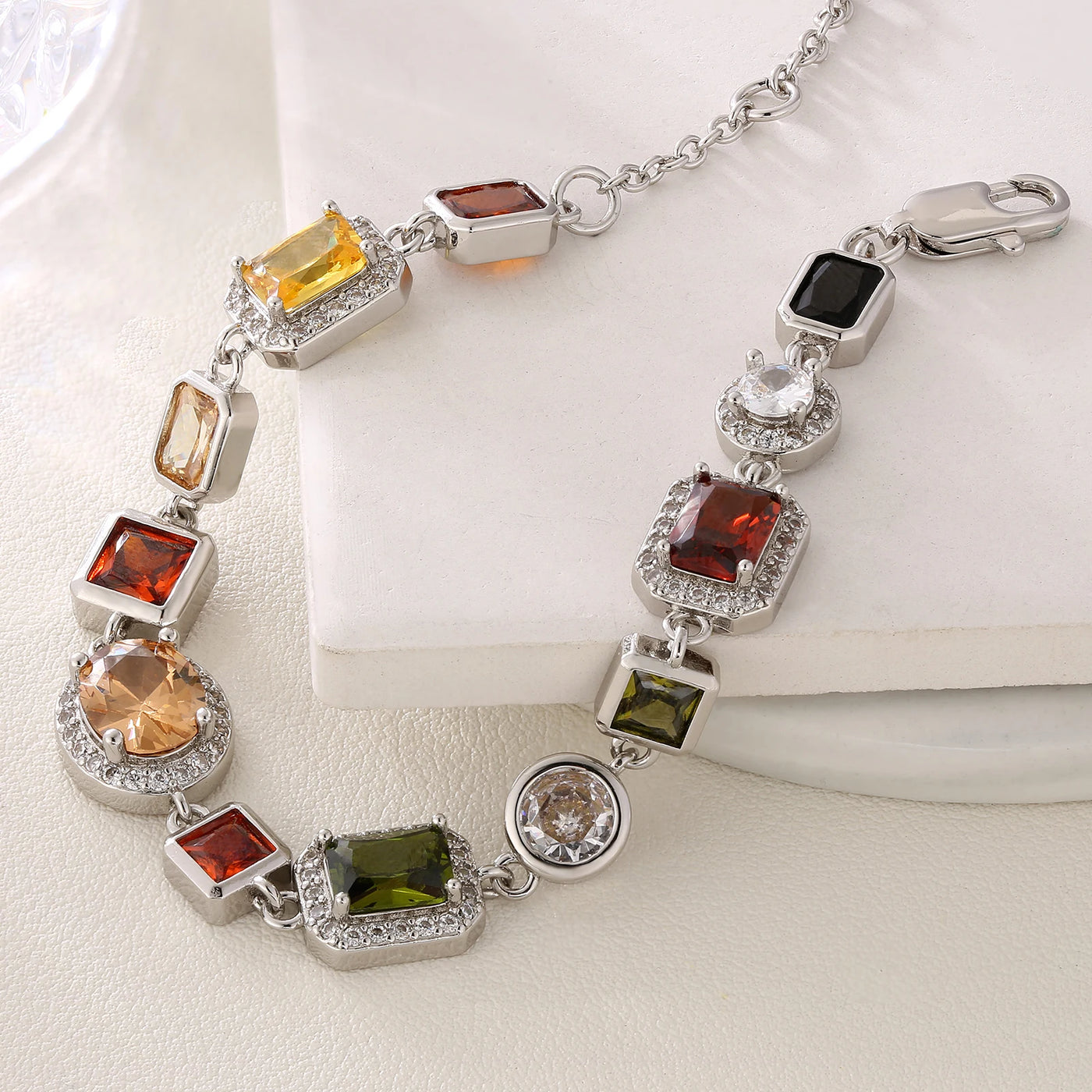 USA Warehouse 10MM Colourful Gemstone Chain 18K Gold Plated Multi Colored CZ Zirconia Jewelry Gem Stone Bracelet for Men Women 