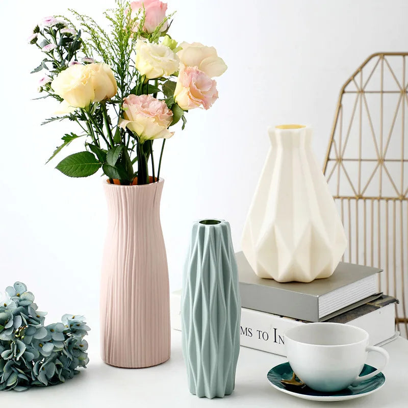 Plastic Vase Home for Decoration White Imitation Ceramic Flower Pot Plants Basket Nordic Wedding Decorative Dining Table Bedroom 