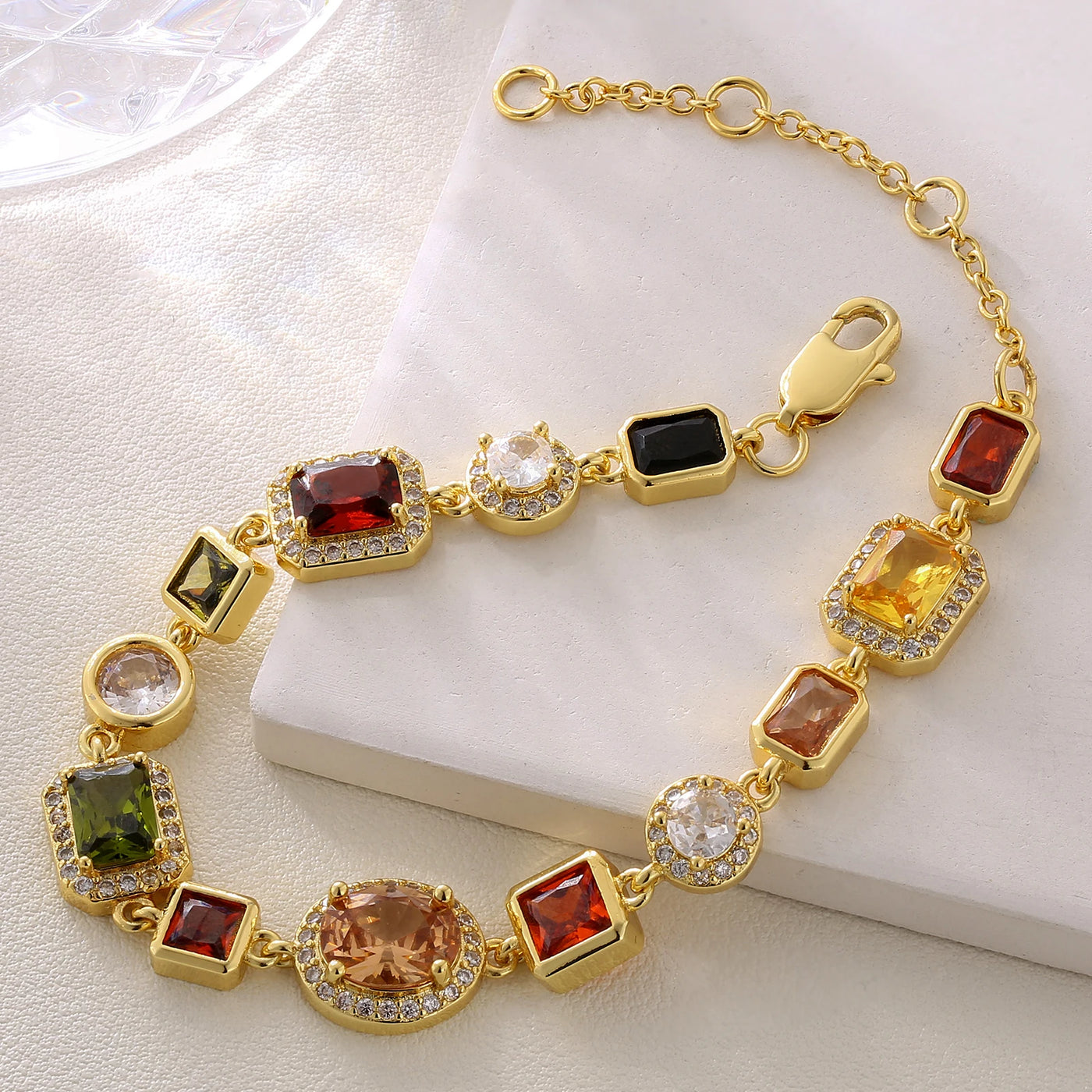 USA Warehouse 10MM Colourful Gemstone Chain 18K Gold Plated Multi Colored CZ Zirconia Jewelry Gem Stone Bracelet for Men Women 