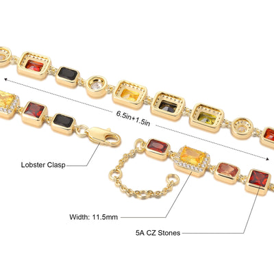 USA Warehouse 10MM Colourful Gemstone Chain 18K Gold Plated Multi Colored CZ Zirconia Jewelry Gem Stone Bracelet for Men Women 