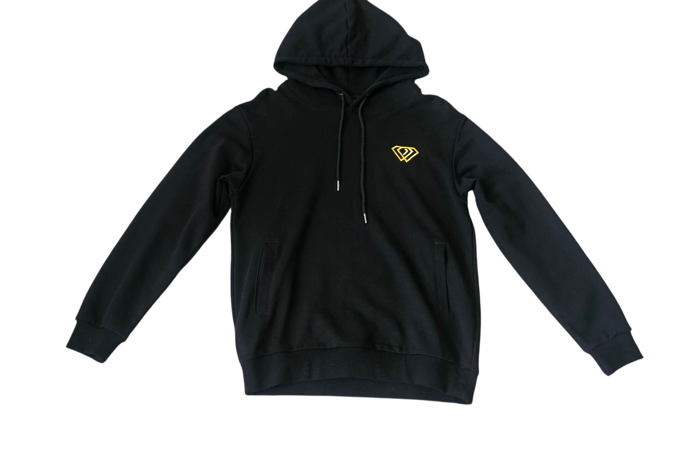 Petrol blue hoodie with a logo on a light blue background for winter and autumn