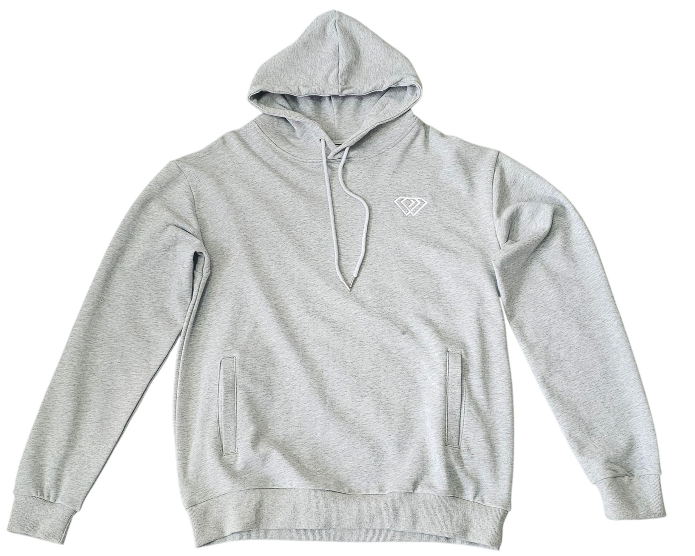 Petrol blue hoodie with a logo on a light blue background for winter and autumn