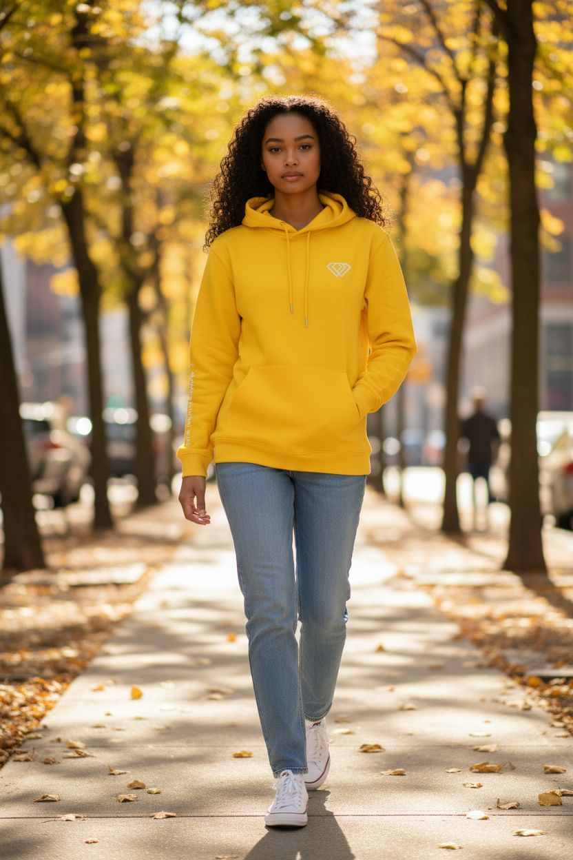 A woman with curly hair walks confidently down a tree-lined sidewalk on a sunny autumn day, wearing a J-clothing premium cotton yellow pullover hoodie and classic blue jeans that elevate her streetwear style.