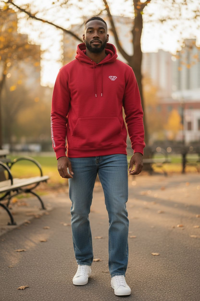 A man wears a maroon J-clothing Minimal Edition Pullover Hoodie, blue jeans, and white sneakers as he strolls through a sunlit park with autumn trees and city buildings in the background, highlighting casual streetwear style.