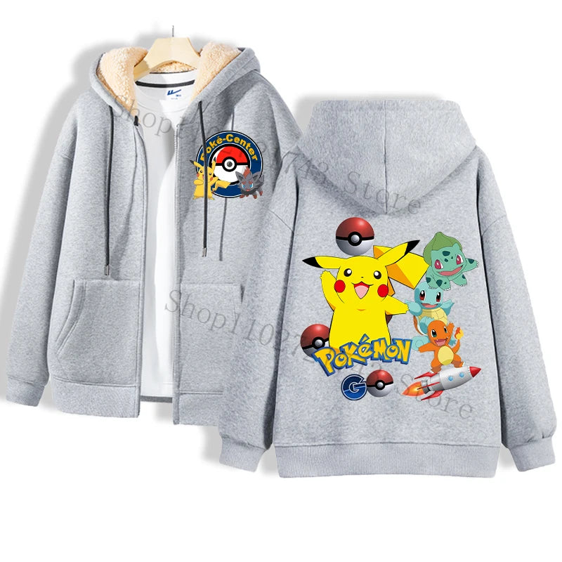 Introducing the Jstoremart windproof hoodie in gray, featuring a Pokémon-themed design. The front sports a Poké Ball logo along with "Poke-Center" text, while the back displays four Pikachu illustrations each sporting different outfits, complete with the Pokémon logo at the bottom.