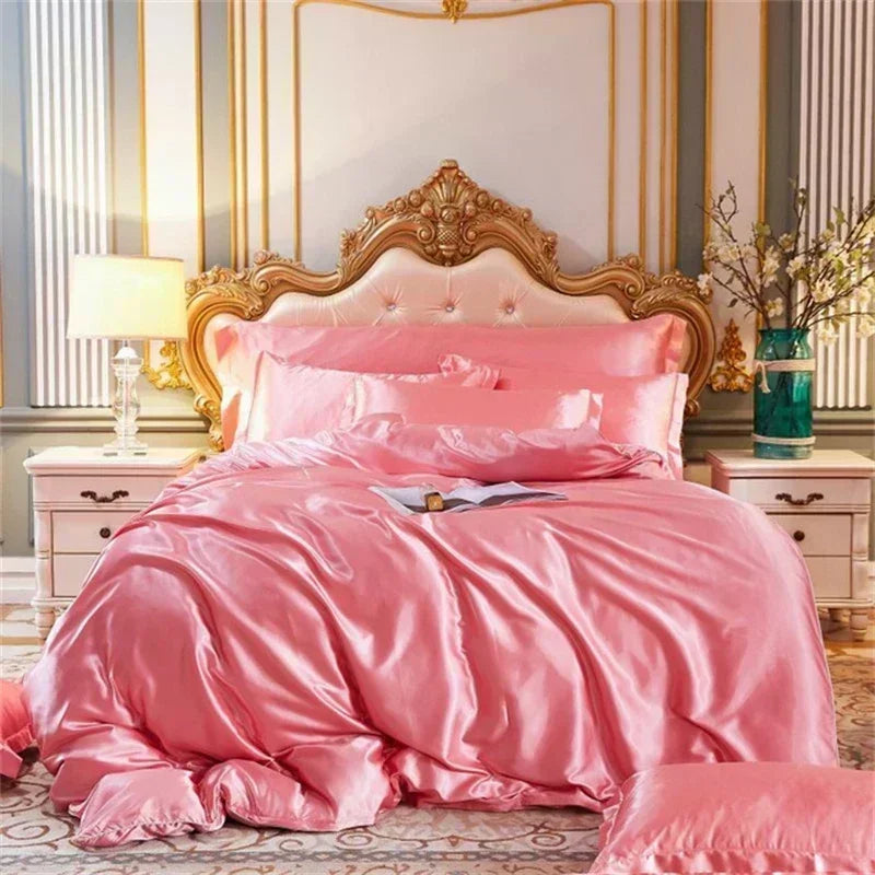 High-end Blending Natural Mulberry Silk Bedding Set Luxury Satin Silky Queen Size Duvet Cover Set with Sheets King Size Bed Set 