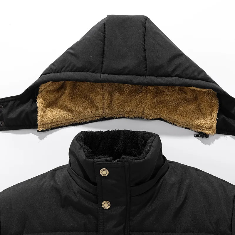 New Men Winter Fleece Jacket Thick Warm Hooded Fur Collar Coat Solid Color Outerwear Mens Clothing 