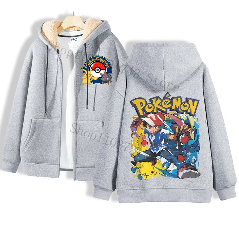 A cozy gray hoodie from Jstoremart showcases a Pokemon Center logo on the front, with charming Pikachu illustrations dressed in various costumes, reminiscent of playful puppets, adorning the back. It's layered over a white shirt, both elegantly displayed on a wooden hanger.