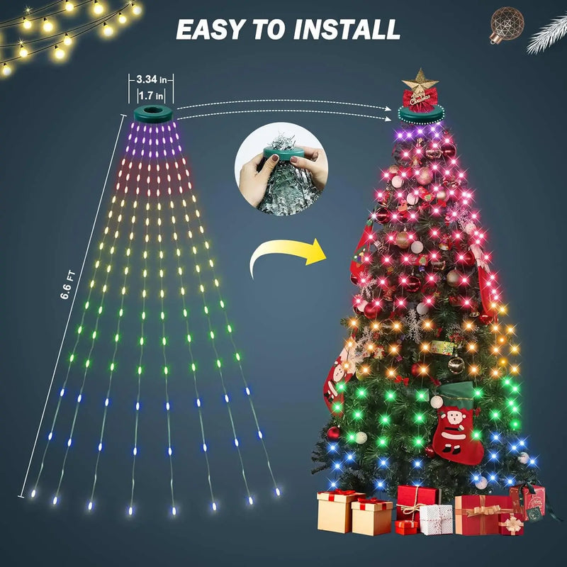 Smart RGB Christmas Tree Lights Fairy LED Star Strings Waterfall APP Bluetooth Music Rhythm Lights RGB LED Xmas Holiday Decor