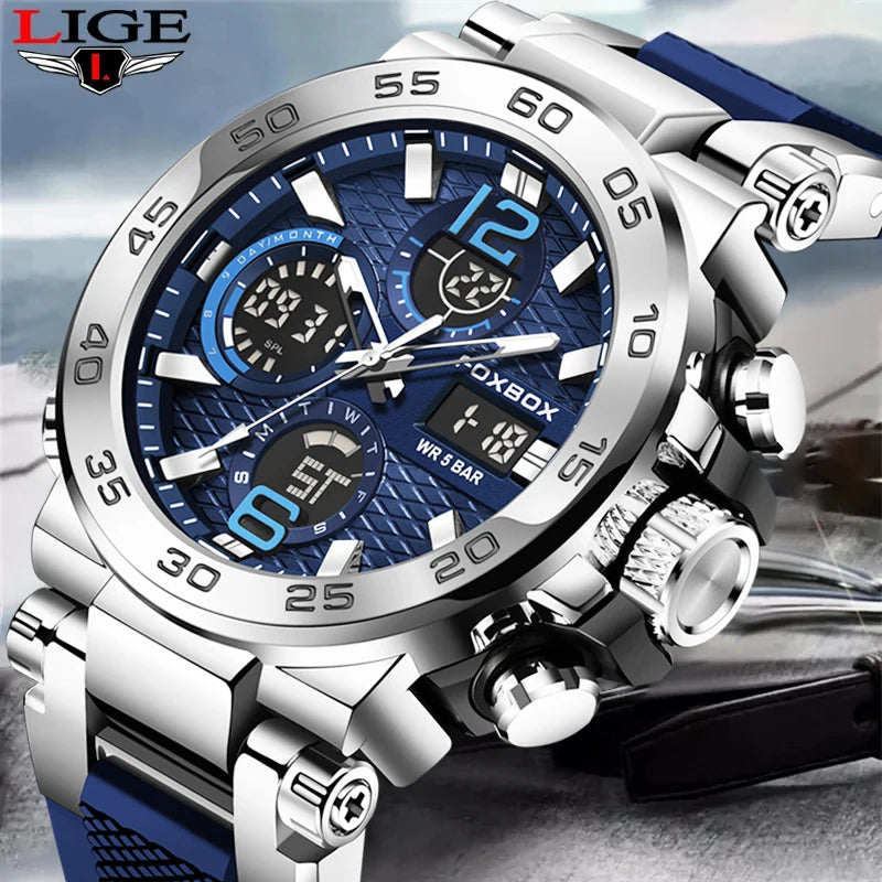 LIGE New Watches For Men 50M Waterproof Clock Alarm reloj hombre LCD Dual Display Wristwatch Quartz Military Sports Mens Watch 