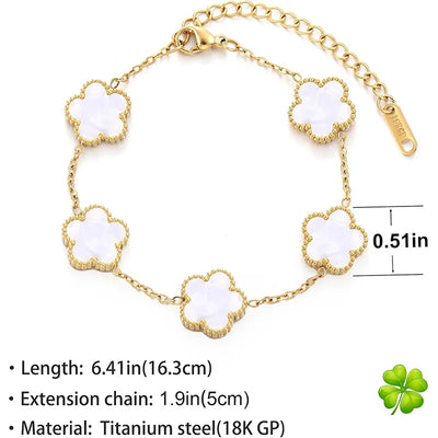 Elegant Double Sided Clover Bracelet 14K Gold Plated Stainless Steel Lucky Black White Link Bracelets Jewelry Gift for Women 
