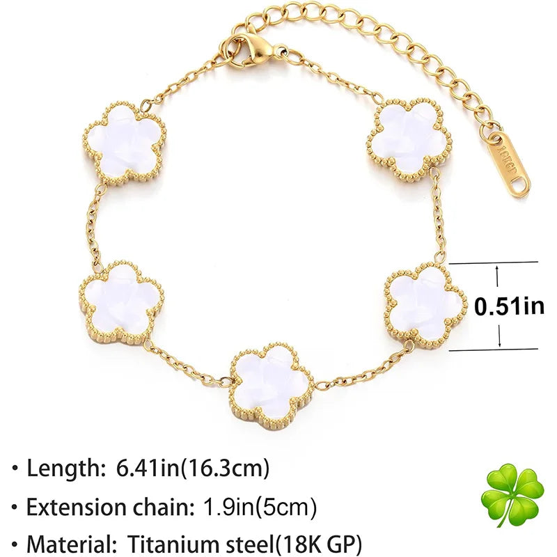 Elegant Double Sided Clover Bracelet 14K Gold Plated Stainless Steel Lucky Black White Link Bracelets Jewelry Gift for Women 