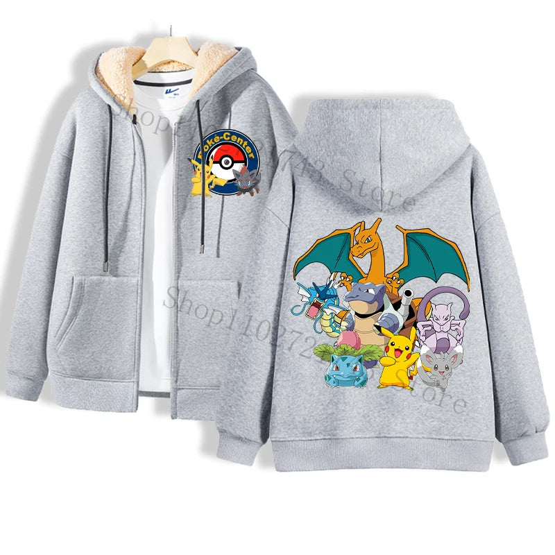 Jstoremart's gray zip-up hoodie showcases whimsical Pikachu designs. The front highlights a logo featuring a Pokéball and Poké-Center, while the back displays four playful cartoon Pikachu images dressed as iconic Pokémon characters, accompanied by Pokémon text underneath. The hood is lined with snug lamb wool for added comfort.