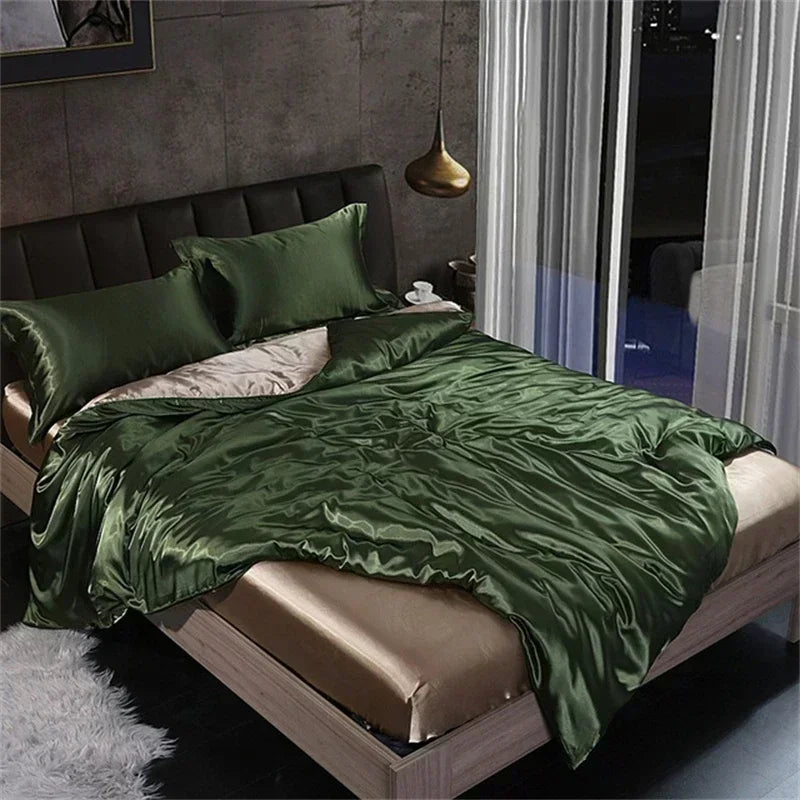 High-end Blending Natural Mulberry Silk Bedding Set Luxury Satin Silky Queen Size Duvet Cover Set with Sheets King Size Bed Set 