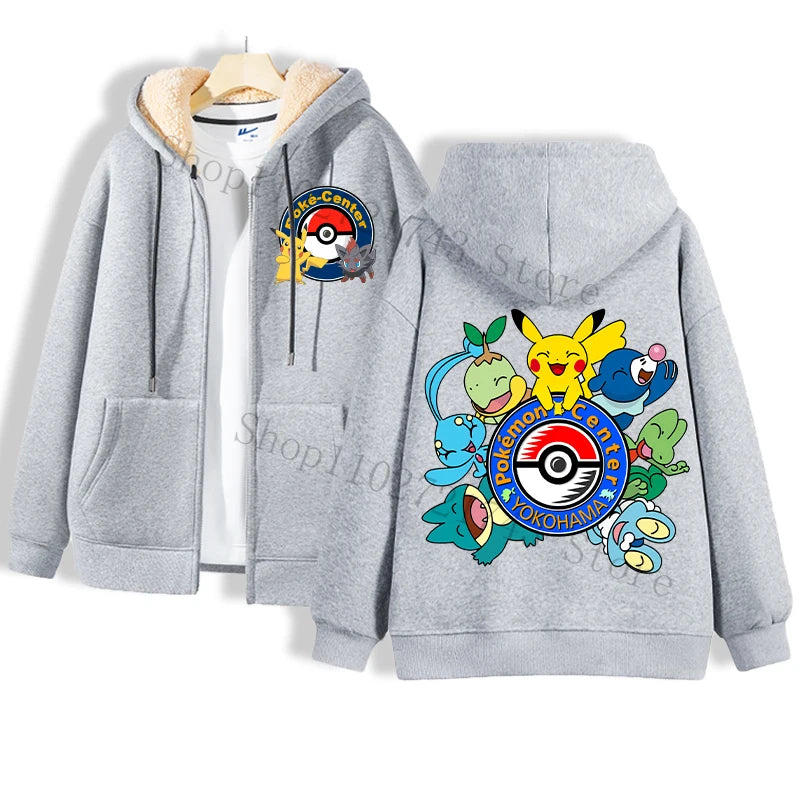 Grey hoodie featuring a white inner lining. The front displays a Poke-Center logo with a Pokeball, and the back highlights four images of Pikachu in different outfits, accompanied by the word Pokémon. An ideal addition for any Pokémon enthusiast or Takara Tomy collector from Jstoremart.