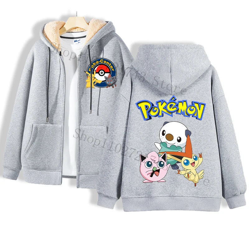 A gray hoodie by Jstoremart features a Pikachu logo and Poké Ball emblem on the front. The back displays four Pikachu illustrations in different costumes and poses, along with Pokémon text at the bottom. Lined with soft lamb wool fabric, this windproof hoodie balances style and comfort perfectly.