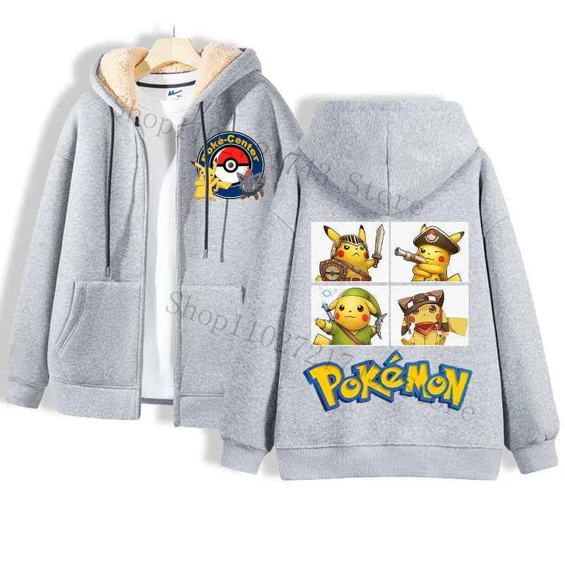 A gray hoodie from Jstoremart featuring a cozy lamb wool interior on a hanger. The front is adorned with a small Pokémon logo on the chest, while the back displays four cartoon characters, including Pikachu, each wearing themed hats above a large Pokémon logo.