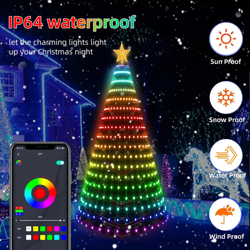 Smart RGB Christmas Tree Lights Fairy LED Star Strings Waterfall APP Bluetooth Music Rhythm Lights RGB LED Xmas Holiday Decor