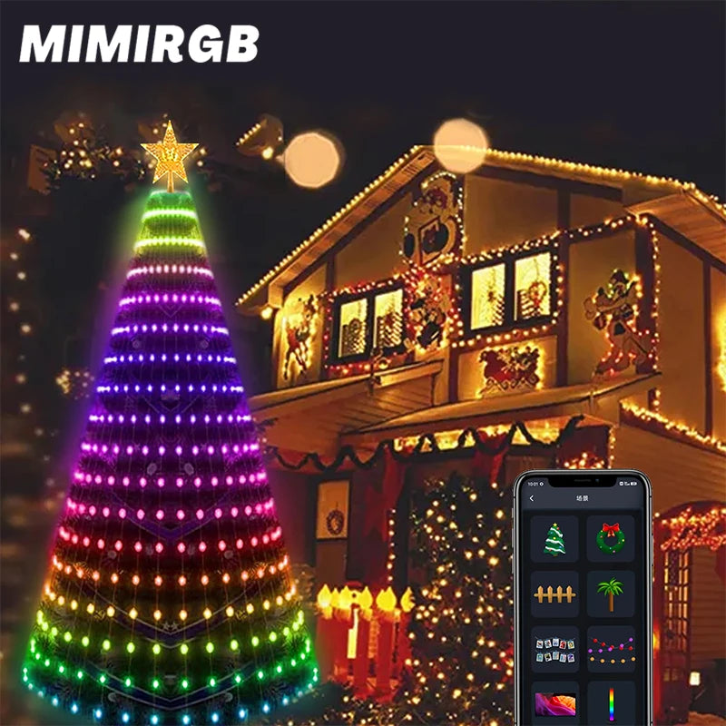 Smart RGB Christmas Tree Lights Fairy LED Star Strings Waterfall APP Bluetooth Music Rhythm Lights RGB LED Xmas Holiday Decor