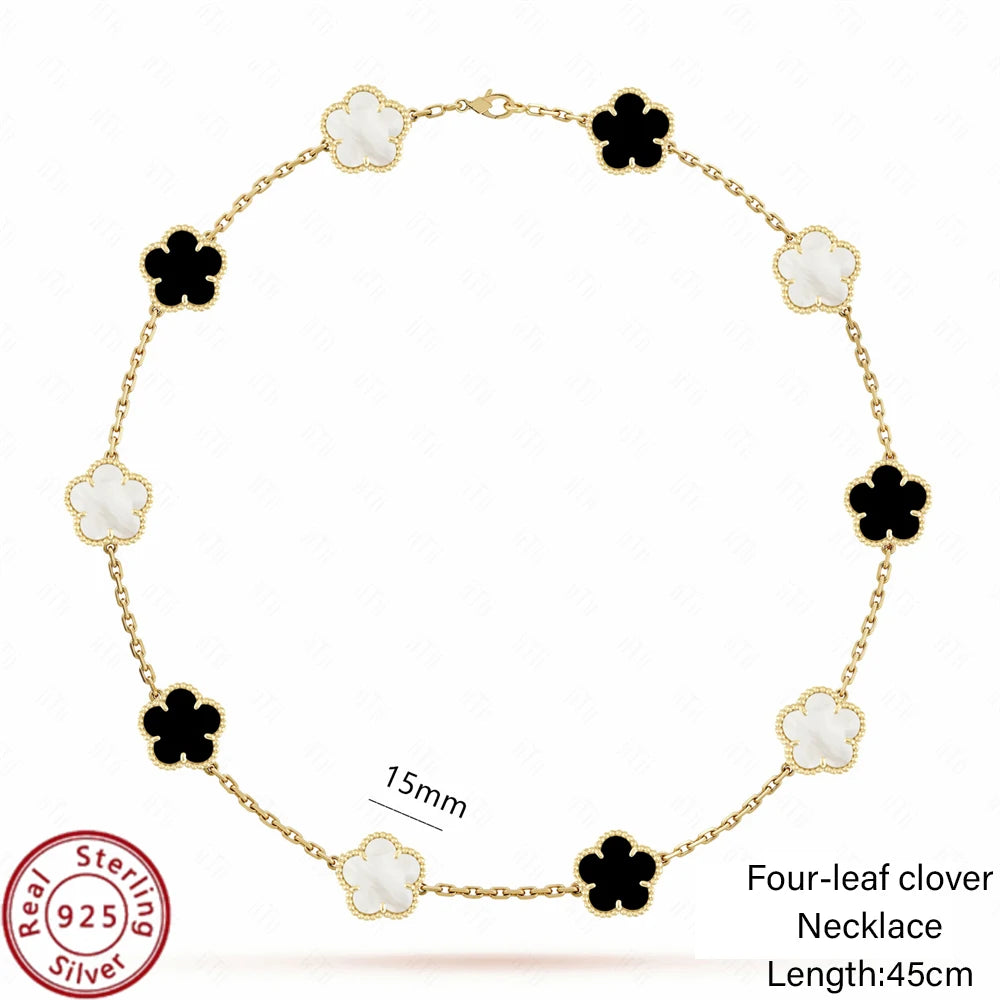 Jstoremart presents a beautiful set of four bracelets arranged in a grid, ideal for weddings or engagements. Each bracelet features distinctive charms: gold flowers, white flowers, blue flowers, and delicate white clovers. The elegance is further enhanced by the Real 925 Sterling Silver stamp on each piece.