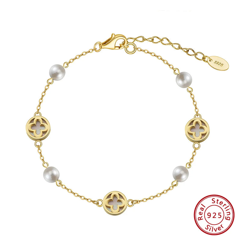 5mm Round Shell Bracelet 14K Gold Plated 925 Sterling Silver Four-leaf Flower Chain Bracelets