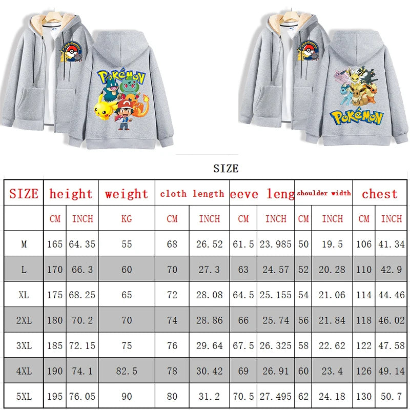 A cozy gray hoodie from Jstoremart featuring Pokémon-themed designs with a lamb wool lining. The front showcases a Poké Ball logo, while the back displays four Pikachu illustrations, each dressed in unique costumes. The Pokémon logo is elegantly placed below the vibrant images.