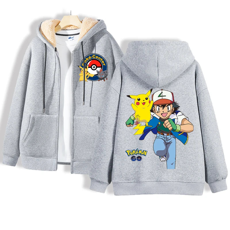 Grey hoodie featuring a white inner lining. The front displays a Poke-Center logo with a Pokeball, and the back highlights four images of Pikachu in different outfits, accompanied by the word Pokémon. An ideal addition for any Pokémon enthusiast or Takara Tomy collector from Jstoremart.