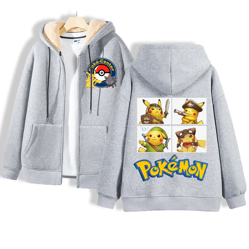 Grey hoodie featuring a white inner lining. The front displays a Poke-Center logo with a Pokeball, and the back highlights four images of Pikachu in different outfits, accompanied by the word Pokémon. An ideal addition for any Pokémon enthusiast or Takara Tomy collector from Jstoremart.