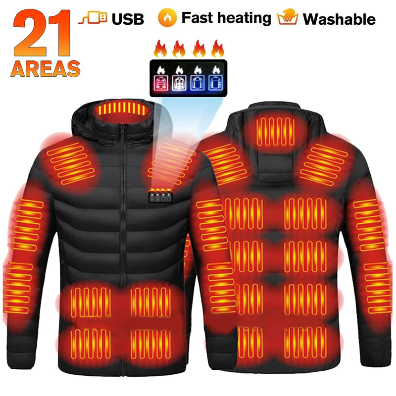 21 Areas Men Heating Jackets USB Hooded Heated Jacket Women Warm Vest Hiking Camping Winter Outdoor Heated Clothing Windproof 