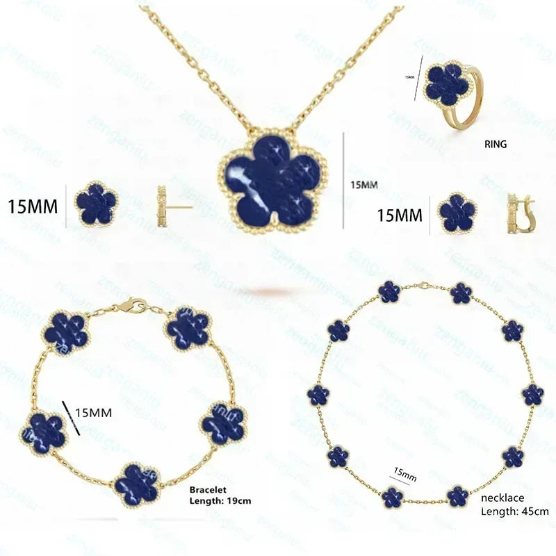 The Jstoremart vintage-inspired jewelry set boasts elegant silver gold-plated pieces adorned with blue clover-shaped stones. The collection comprises a 45cm necklace, a 19cm bracelet, earrings, and a ring. Each clover piece is 15mm in size, offering a timeless touch of style.