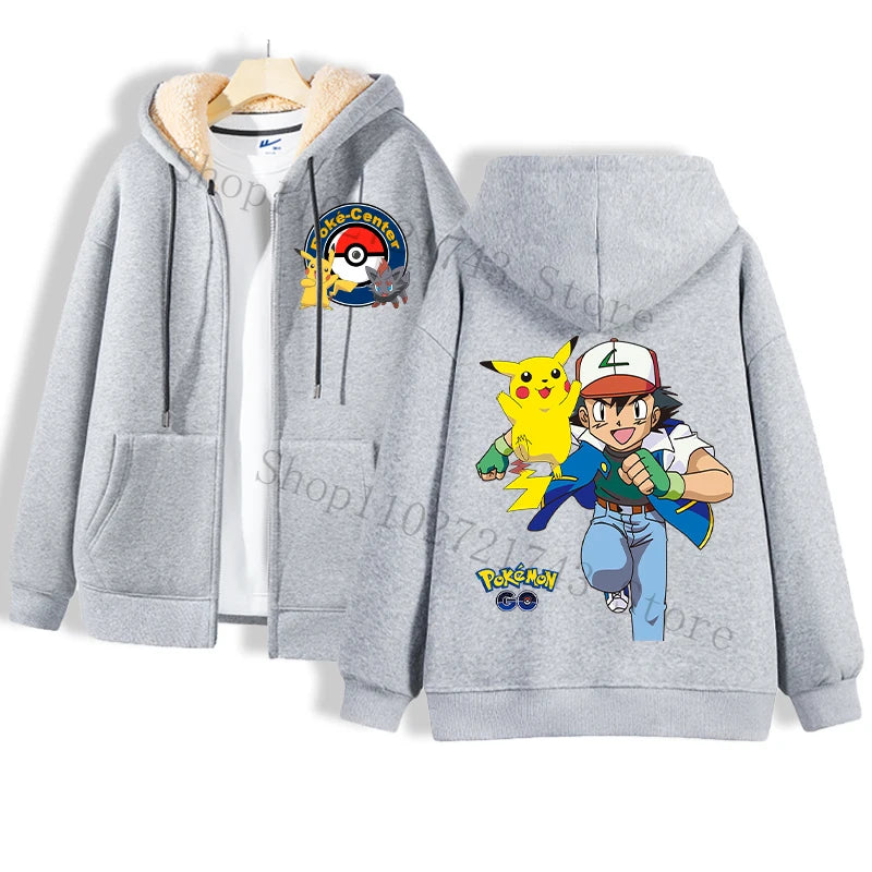 Jstoremart's gray zip-up hoodie showcases whimsical Pikachu designs. The front highlights a logo featuring a Pokéball and Poké-Center, while the back displays four playful cartoon Pikachu images dressed as iconic Pokémon characters, accompanied by Pokémon text underneath. The hood is lined with snug lamb wool for added comfort.