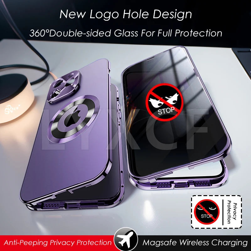 Magnetic Adsorption Metal Alloy Anti-Peeping Privacy Case For iPhone 15 14 13 12 Pro Max Logo Hole Camera Lens Protection Cover 