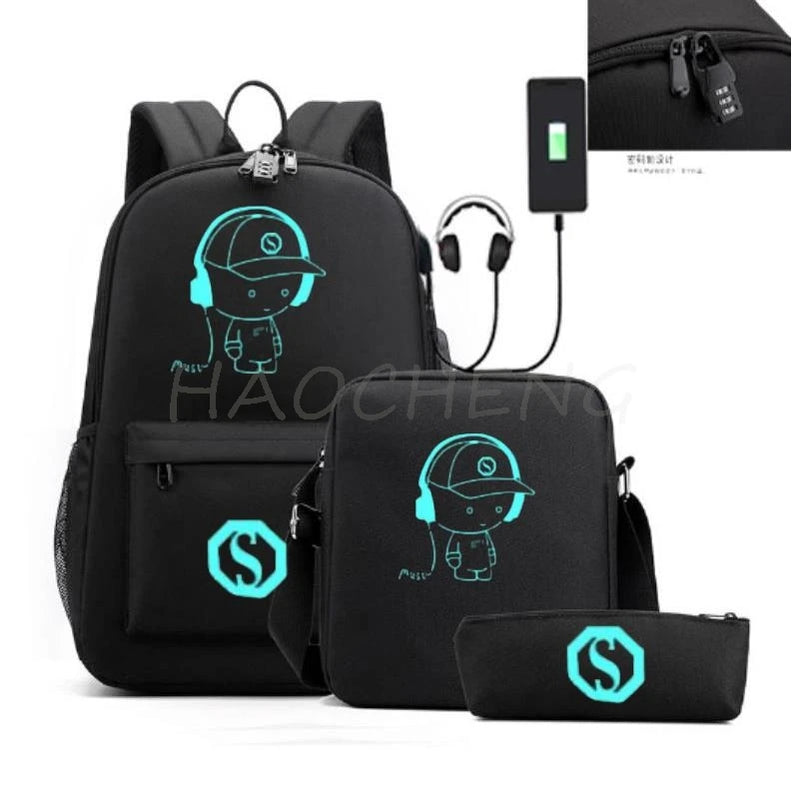 Fashion Backpacks Luminous Animation School Bags For Boy Girl Teenager USB Charge Men Back Pack 