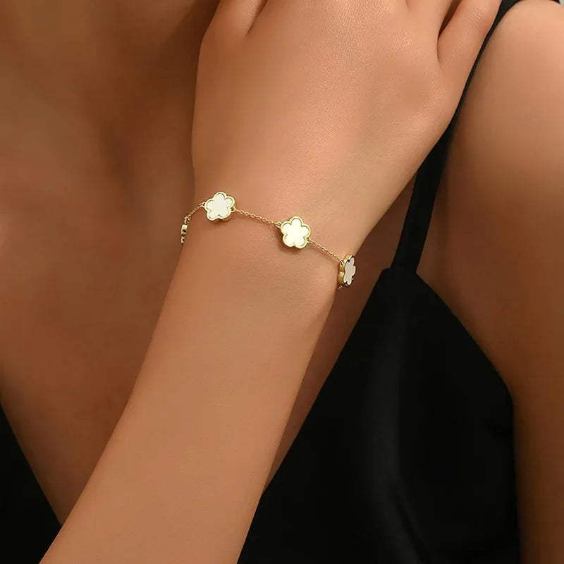 Elegant Double Sided Clover Bracelet 14K Gold Plated Stainless Steel Lucky Black White Link Bracelets Jewelry Gift for Women 