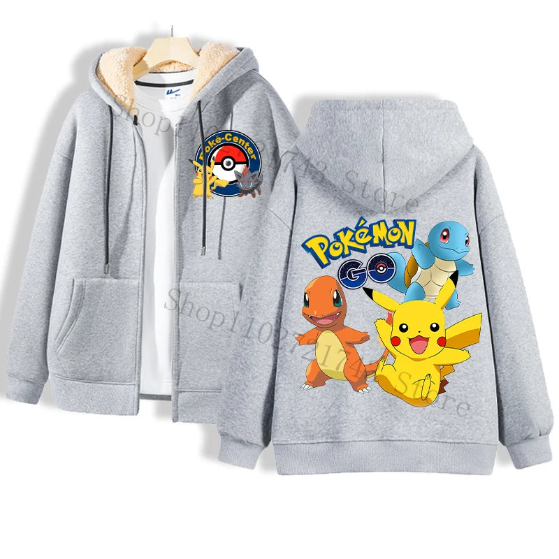 A cozy gray hoodie from Jstoremart showcases a Pokemon Center logo on the front, with charming Pikachu illustrations dressed in various costumes, reminiscent of playful puppets, adorning the back. It's layered over a white shirt, both elegantly displayed on a wooden hanger.