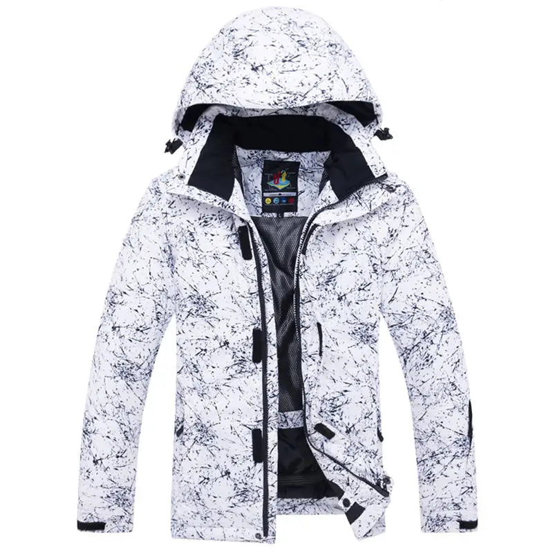 Introducing the Jstoremart boys' ski jacket: a dark camouflage hooded jacket with a striking white abstract pattern. This stylish piece is perfect for cold weather, featuring a front zipper and multiple pockets to keep essentials secure during outdoor activities or casual outings.