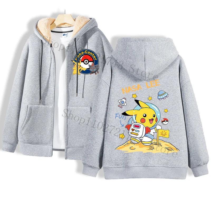 Grey hoodie featuring a white inner lining. The front displays a Poke-Center logo with a Pokeball, and the back highlights four images of Pikachu in different outfits, accompanied by the word Pokémon. An ideal addition for any Pokémon enthusiast or Takara Tomy collector from Jstoremart.