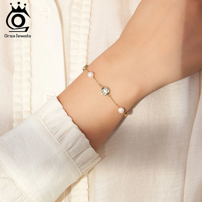 5mm Round Shell Bracelet 14K Gold Plated 925 Sterling Silver Four-leaf Flower Chain Bracelets