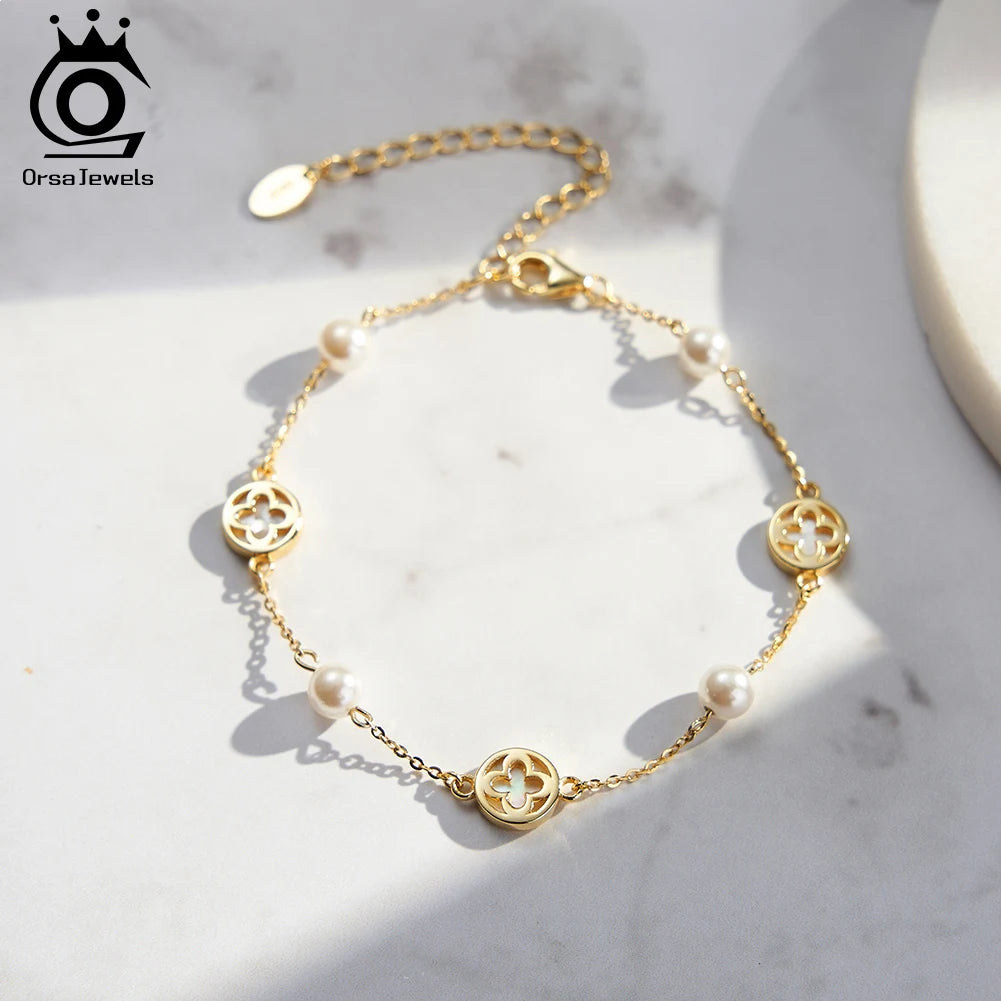 5mm Round Shell Bracelet 14K Gold Plated 925 Sterling Silver Four-leaf Flower Chain Bracelets 