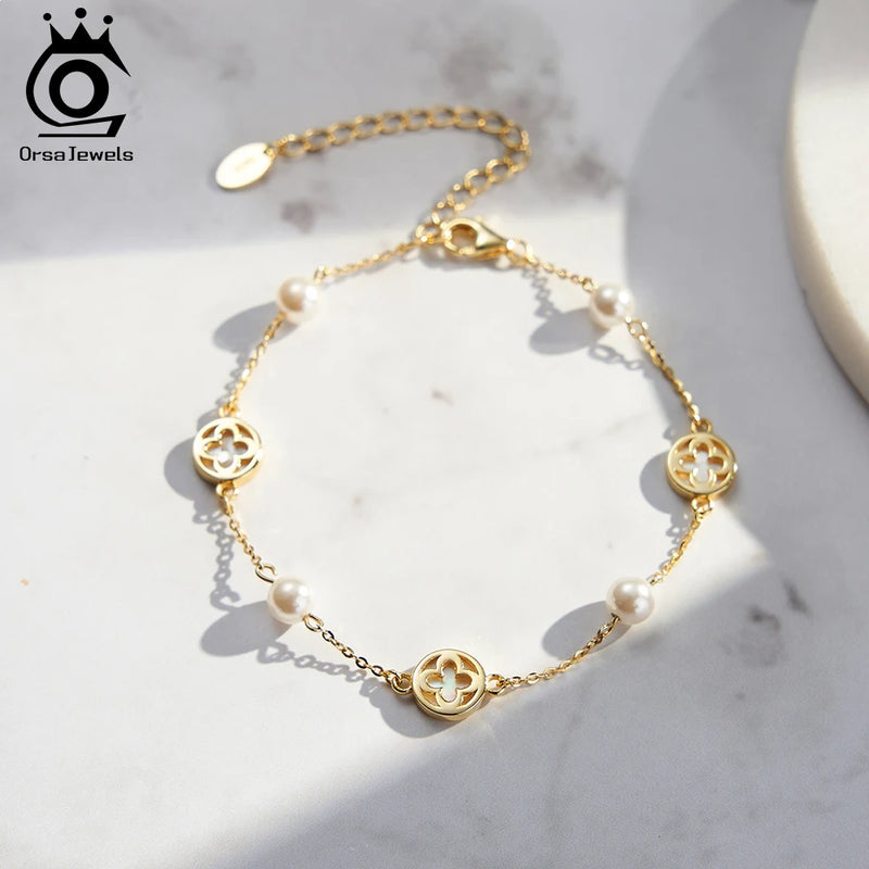 5mm Round Shell Bracelet 14K Gold Plated 925 Sterling Silver Four-leaf Flower Chain Bracelets