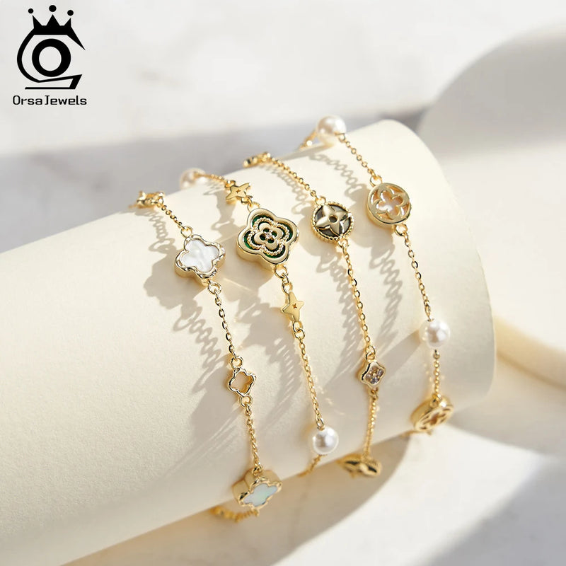 5mm Round Shell Bracelet 14K Gold Plated 925 Sterling Silver Four-leaf Flower Chain Bracelets