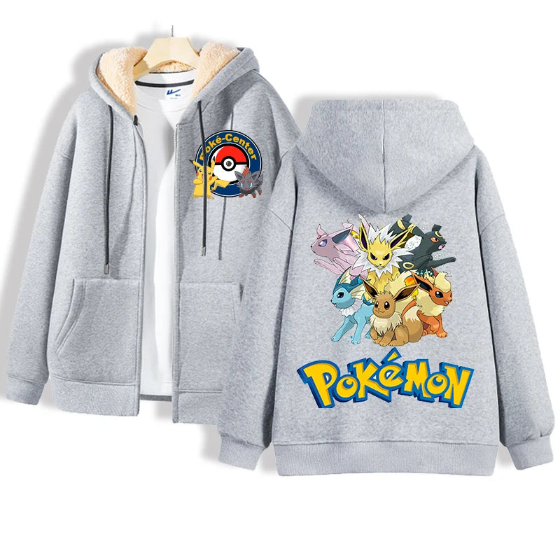 Grey hoodie featuring a white inner lining. The front displays a Poke-Center logo with a Pokeball, and the back highlights four images of Pikachu in different outfits, accompanied by the word Pokémon. An ideal addition for any Pokémon enthusiast or Takara Tomy collector from Jstoremart.