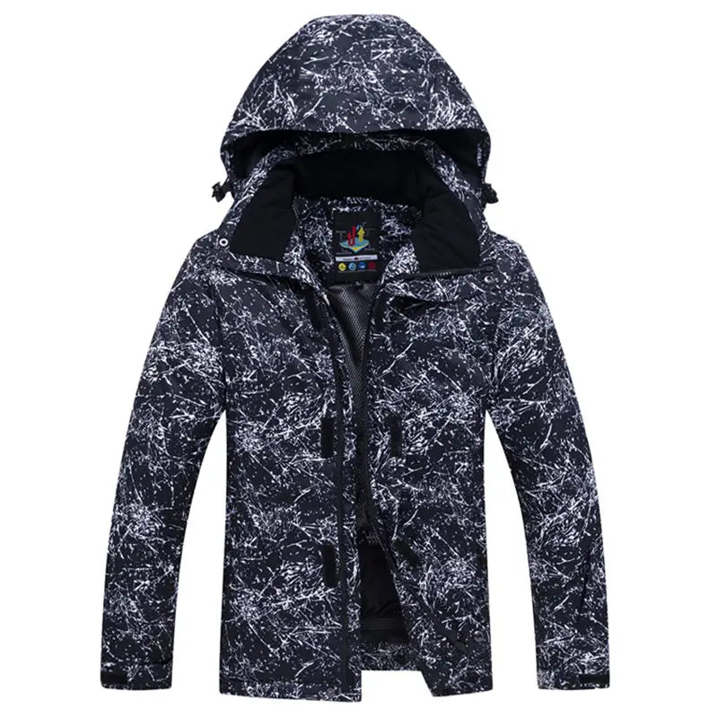 Introducing the Jstoremart boys' ski jacket: a dark camouflage hooded jacket with a striking white abstract pattern. This stylish piece is perfect for cold weather, featuring a front zipper and multiple pockets to keep essentials secure during outdoor activities or casual outings.